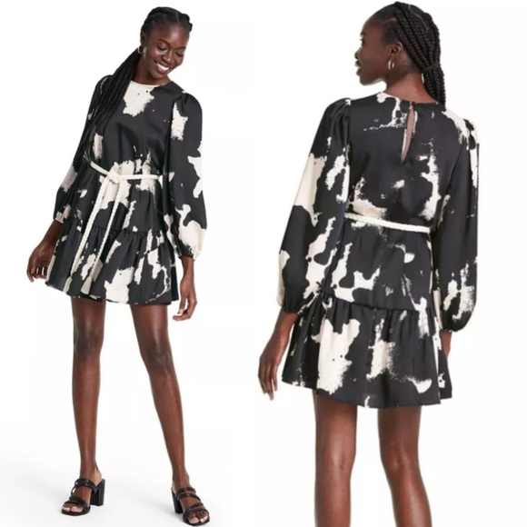 ALEXIS Abstract Long Sleeve Rope Belt Tiered Mini Dress Black and Cream Size XS - Picture 2 of 12